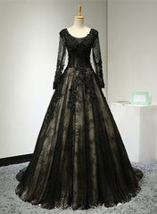 Formal Dress Short, Black Long Sleeves Lace Prom Dress, Black Evening Gown