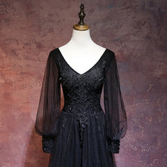 Party Dresses For 21 Year Olds, Black Long Sleeves V-neckline Evening Dress, Black Prom Dress