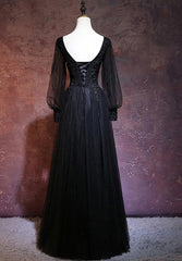 Prom Dress 2032, Black Long Sleeves V-neckline Evening Dress, Black Prom Dress