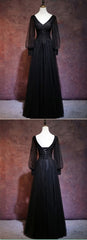 Party Dresses Jumpsuits, Black Long Sleeves V-neckline Evening Dress, Black Prom Dress