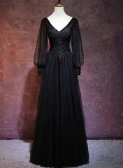 Party Dress Long Sleeve Maxi, Black Long Sleeves V-neckline Evening Dress, Black Prom Dress