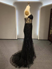 Party Dress Wedding, Black Mermaid Lace Prom Dresses, Black Mermaid Lace Formal Evening Dresses