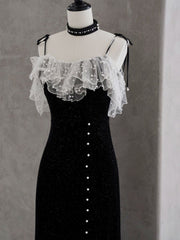 Prom Dress With Slit, Black Mermaid Velvet Short Prom Dresses, Black Short Evening Dresses