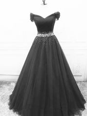 Prom Dresses Curvy, Black Off Shoulder Tulle Lace Beaded A-line Prom Dress, Black Junior Party Dresses