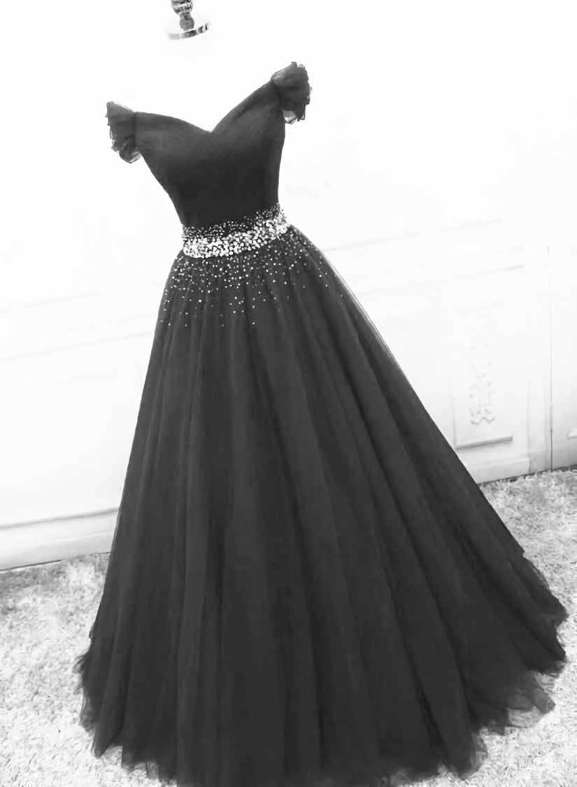 Prom Dresses Modest, Black Off Shoulder Tulle Lace Beaded A-line Prom Dress, Black Junior Party Dresses