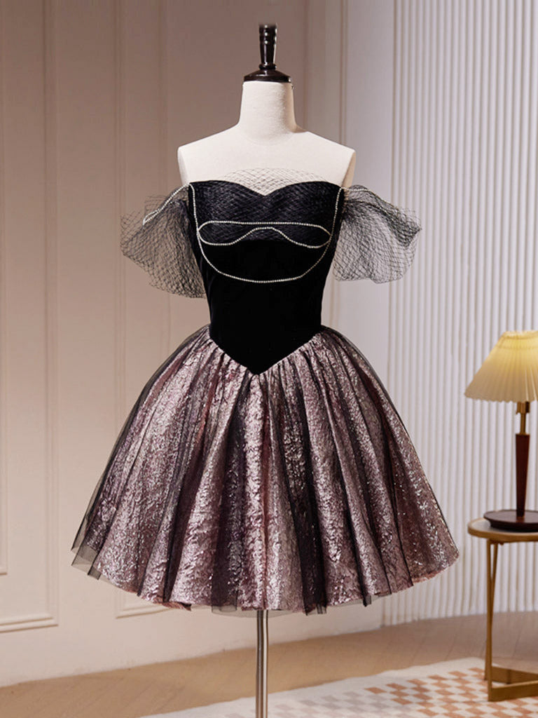 Evening Dresses Long Elegant, Black Off Shoulder Tulle Short Prom Dress, Black Homecoming Dress