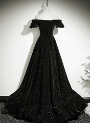 Sequin Dress, Black Off Shoulder Velvet Long Party Dress Prom Dress, Black Simple Evening Dress