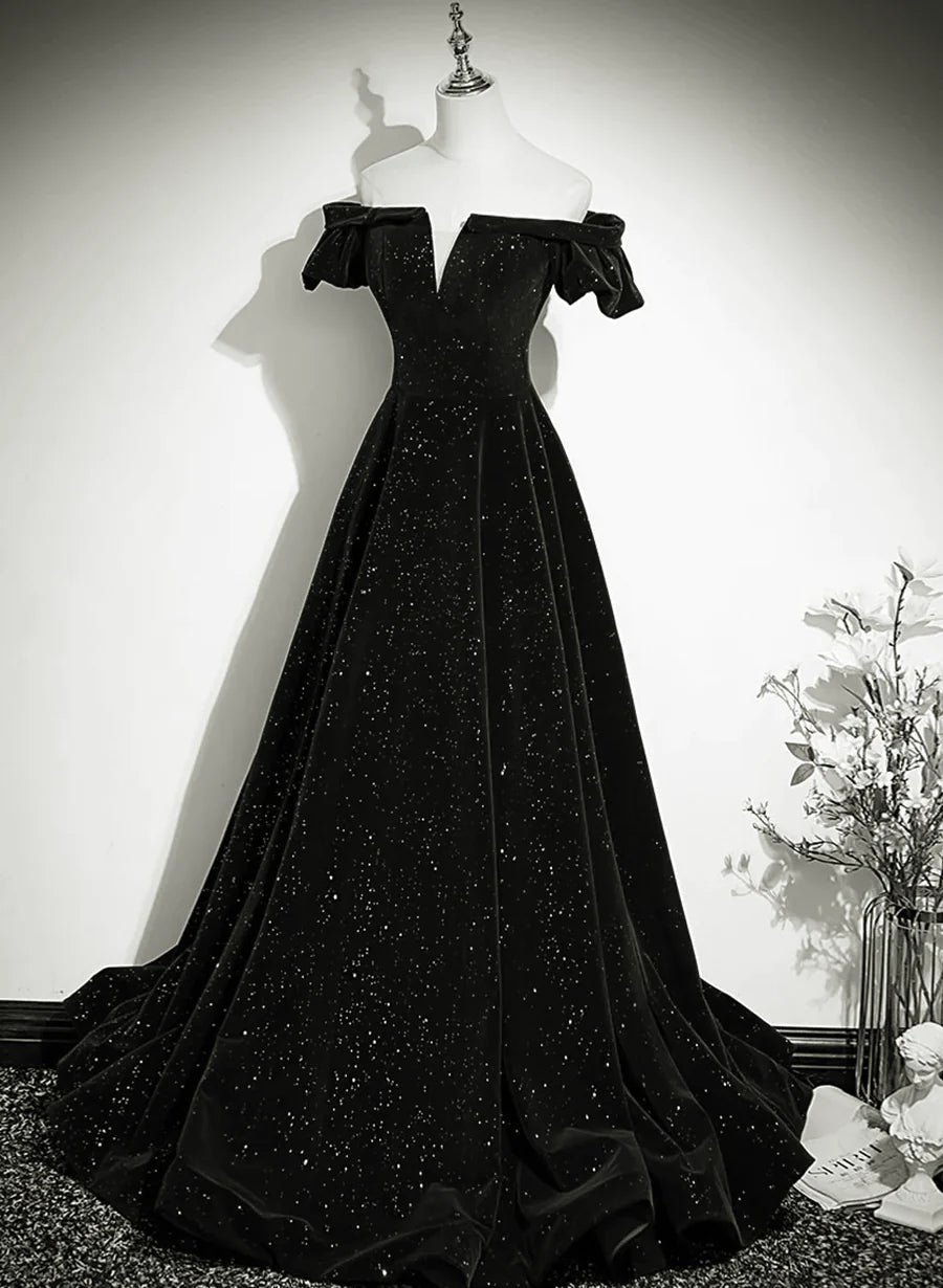Cute Prom Dress, Black Off Shoulder Velvet Long Party Dress Prom Dress, Black Simple Evening Dress