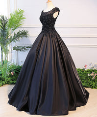 Prom Dress Long Sleeves, Black Round Neck Lace Long Prom Dress, Black Evening Dress