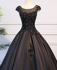 Prom Dress Long Sleeved, Black Round Neck Lace Long Prom Dress, Black Evening Dress