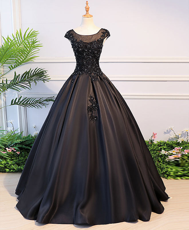 Prom Dresses Long Sleeve, Black Round Neck Lace Long Prom Dress, Black Evening Dress