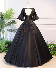 Pretty Dress, Black Round Neck Satin Lace Long Prom Dress, Sweet 16 Dress