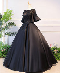 Fancy Dress, Black Round Neck Satin Lace Long Prom Dress, Sweet 16 Dress