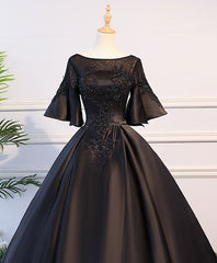 Long Dress, Black Round Neck Satin Lace Long Prom Dress, Sweet 16 Dress