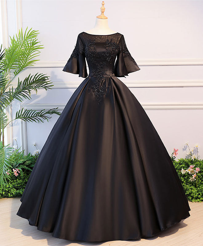 Prom Theme, Black Round Neck Satin Lace Long Prom Dress, Sweet 16 Dress