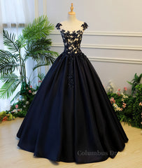 Evening Dresses Petite, Black round neck satin long prom gown, black evening dress