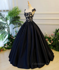 Evening Dress Petite, Black round neck satin long prom gown, black evening dress