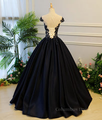 Evening Dresses 2026, Black round neck satin long prom gown, black evening dress