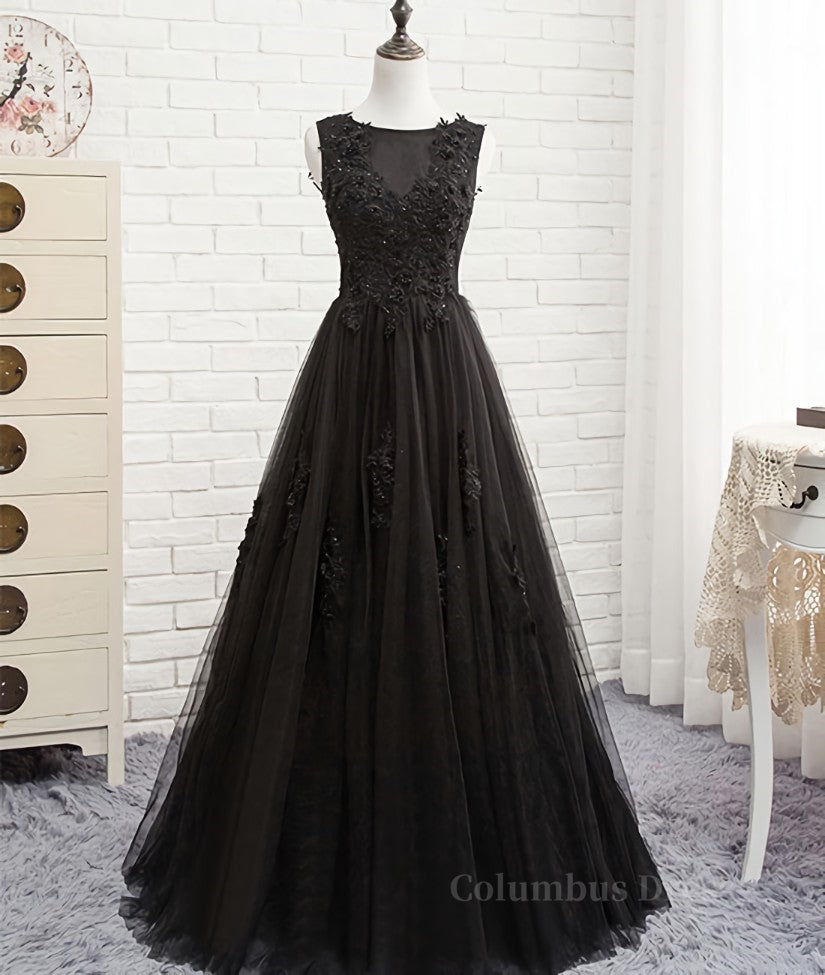 Homecoming Dress Shops Near Me, Black round neck tulle lace long prom dress, black evening dress