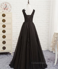 Homecoming Dresses Blue, Black round neck tulle lace long prom dress, black evening dress