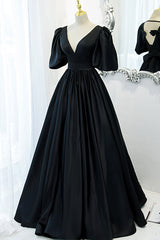Backless Dress, Black Satin Deep V-neckline Long Formal Dress, Black Evening Dress Prom Dress
