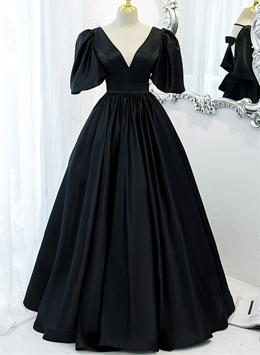 Strapless Prom Dress, Black Satin Deep V-neckline Long Formal Dress, Black Evening Dress Prom Dress