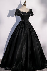 Bridesmaids Dresses Color Schemes, Black Satin Long Prom Dress, Black A-Line Short Sleeve Evening Dress