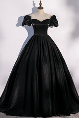 Bridesmaid Dresses Affordable, Black Satin Long Prom Dress, Black A-Line Short Sleeve Evening Dress