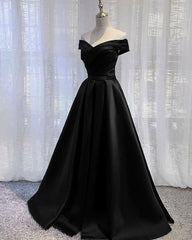 Bridesmaids Dresses Idea, Black Satin Off Shoulder Long Simple Evening Dress Formal Dress, Black Party Dresses