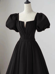 Evening Dress Elegant, Black Satin Puffy Sleeves Long Evening Party Dress, Black Long Prom Dress