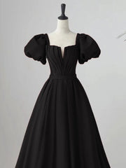 Evening Dress Shop, Black Satin Puffy Sleeves Long Evening Party Dress, Black Long Prom Dress