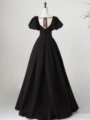 Evening Dress Ideas, Black Satin Puffy Sleeves Long Evening Party Dress, Black Long Prom Dress