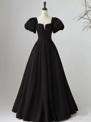 Evening Dresses Cheap, Black Satin Puffy Sleeves Long Evening Party Dress, Black Long Prom Dress