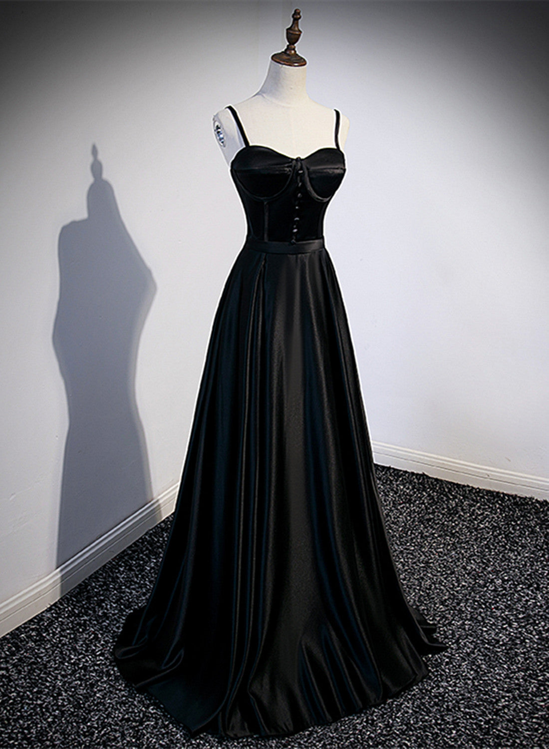 Formal Dress Cheap, Black Satin Straps Long Party Dress, Black Sweetheart Long Evening Dress Prom Dress