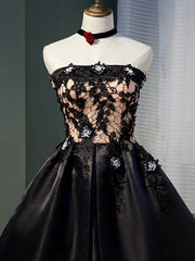 Prom Dresses Chicago, Black Satin with Lace Knee Length Prom Dress Homecoming Dress, Black Party Dresses