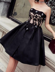 Prom Dresses Glitter, Black Satin with Lace Knee Length Prom Dress Homecoming Dress, Black Party Dresses