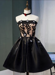 Prom Dress Chicago, Black Satin with Lace Knee Length Prom Dress Homecoming Dress, Black Party Dresses