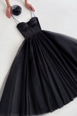 Evening Dresses On Sale, Black Spaghetti Tulle Short Prom Dress, Black Homecoming Party Dress