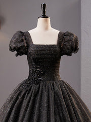 Prom Dresses For Adults, Black Square Neckline Tulle Long Prom Dresses, Shiny Tulle Black Evening Dress