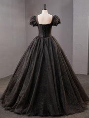 Prom Dress Places Near Me, Black Square Neckline Tulle Long Prom Dresses, Shiny Tulle Black Evening Dress