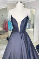 Prom Dress Sites, Black Strapless Satin Long Prom Dress, Black A-Line Evening Dress