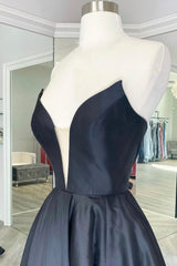 Prom Dresses Affordable, Black Strapless Satin Long Prom Dress, Black A-Line Evening Dress