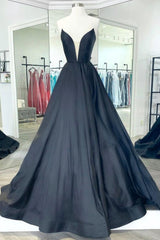 Prom Dresses Sites, Black Strapless Satin Long Prom Dress, Black A-Line Evening Dress