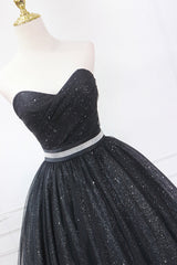 Wedding Shoes, Black Strapless Shiny Tulle Tea Length Prom Dress, Black A-Line Homecoming Dress