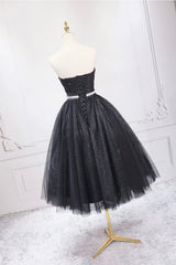 Party Dress, Black Strapless Shiny Tulle Tea Length Prom Dress, Black A-Line Homecoming Dress
