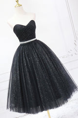 Graduation Dress, Black Strapless Shiny Tulle Tea Length Prom Dress, Black A-Line Homecoming Dress
