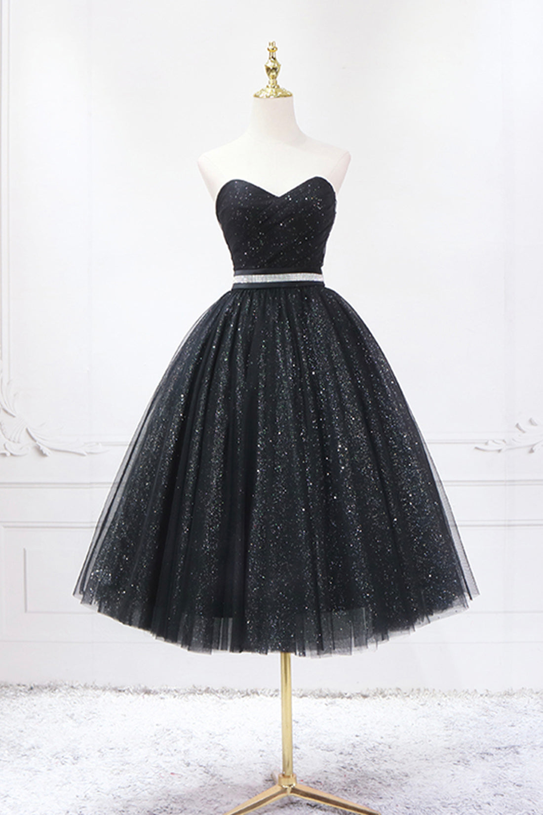 White Dress, Black Strapless Shiny Tulle Tea Length Prom Dress, Black A-Line Homecoming Dress