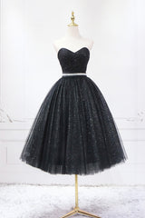 White Dress, Black Strapless Shiny Tulle Tea Length Prom Dress, Black A-Line Homecoming Dress