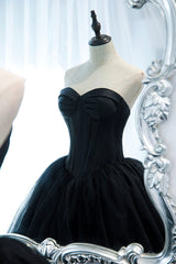 Glam Dress, Black Strapless Tulle Long A-Line Prom Dress, Black Formal Evening Gown