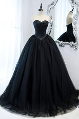 Graduation Outfit, Black Strapless Tulle Long A-Line Prom Dress, Black Formal Evening Gown